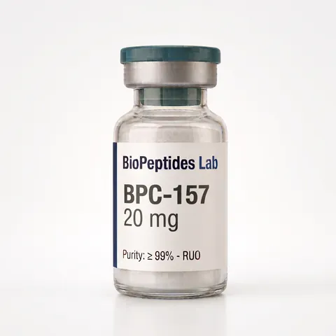 Frasco liofilizado de BPC-157 20 mg, reactivo de investigación BioPeptides Lab