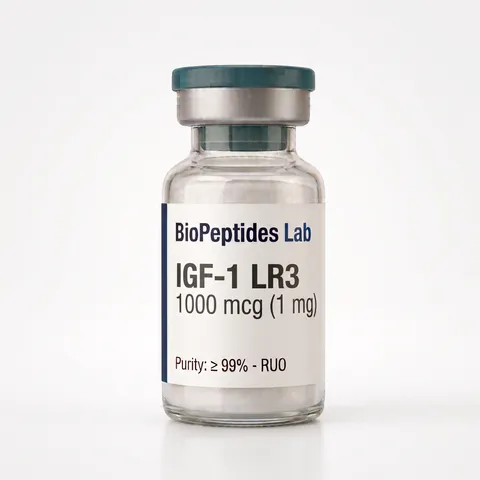 Frasco liofilizado de IGF-1 LR3 1000 mcg (1 mg), reactivo de investigación BioPeptides Lab
