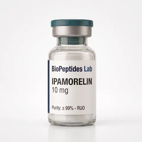 Frasco liofilizado de IPAMORELIN 10 mg, reactivo de investigación BioPeptides Lab