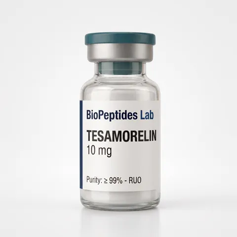 Frasco liofilizado de TESAMORELIN 10 mg, reactivo de investigación BioPeptides Lab