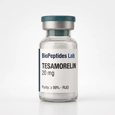 Frasco liofilizado de TESAMORELIN 20 mg, reactivo de investigación BioPeptides Lab